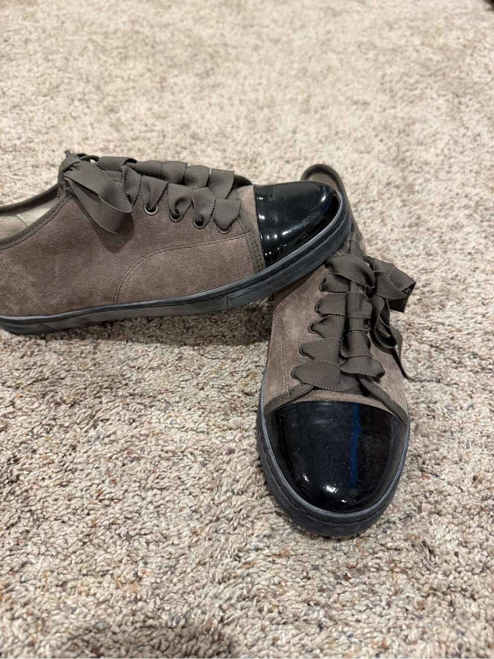Lanvin Cap Toe Suede Lace-Up Sneakers with Black Patent Toe EU 39